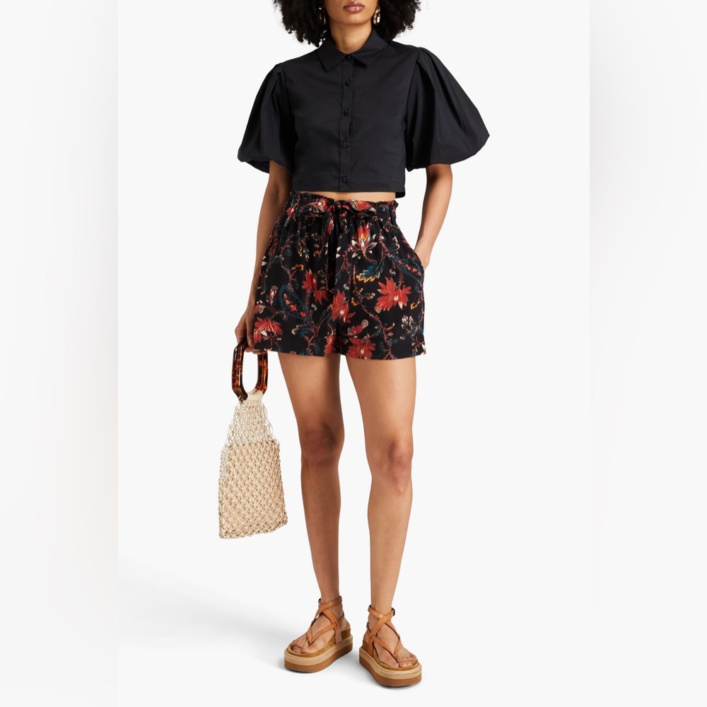 Ulla Johnson Leica Black‎ Floral Silk Shorts Sz 8 High Rise Boho Resort Wear